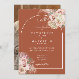 Terracotta Monugram Pampas Grass Photo Bröllop Inbjudningar