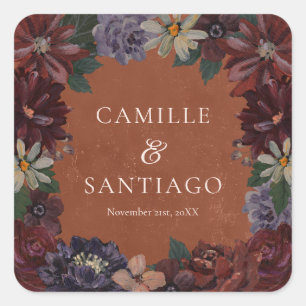 Terracotta Moody Blommigt Wedding Stickers Fyrkantigt Klistermärke