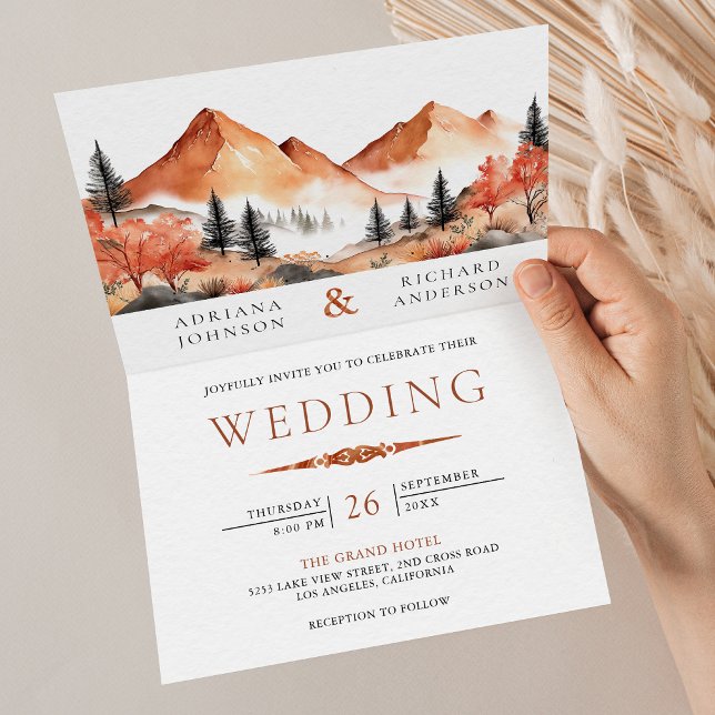 Terracotta Mountain Forest Photo QR Code Wedding Inbjudan (Skapare uppladdad)