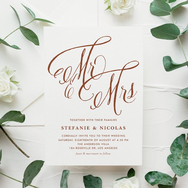 Terracotta Mr. och Rustic Calligraphy Bröllop Inbjudan Vykort (Terracotta Mr and Mrs Rustic Calligraphy Wedding Invitation Postcard)