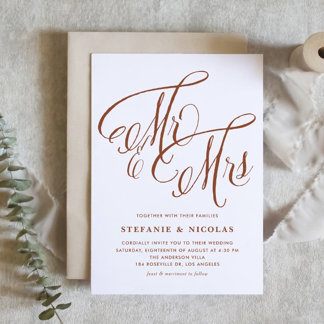 Terracotta Mr. och Rustic Calligraphy Bröllop Inbjudningar (Terracotta Mr and Mrs Rustic Calligraphy Wedding Invitation)