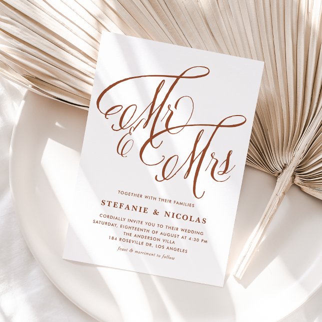 Terracotta Mrs & Rustic Script QR Code Bröllop Inbjudningar (Terracotta Mrs & Mrs Rustic Script QR Code Wedding Invitation)