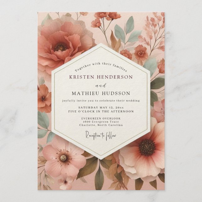 Terracotta Muted Blossom Wedding Inbjudningar (Framsida)