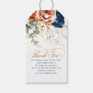 Terracotta Navy Blåa blommor Boho Tack Presentetikett