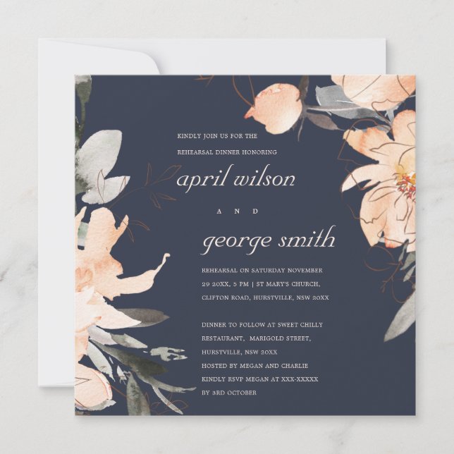 TERRACOTTA NAVY BLOMMIGT REHEARSAL DINNER INBJUDAN (Framsida)