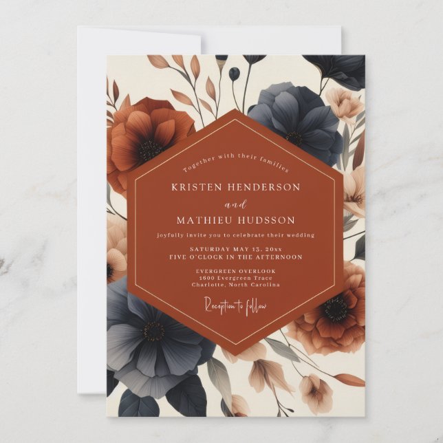 Terracotta Navy Bloom Autumn Wedding Inbjudningar (Framsida)