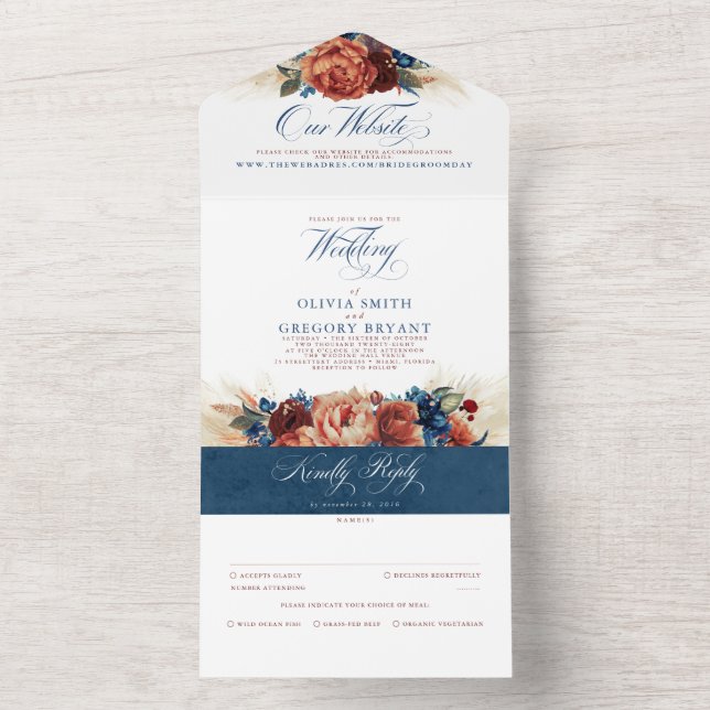 Terracotta Navy Blue Blommigt Boho Elegant bröllop (Insida)