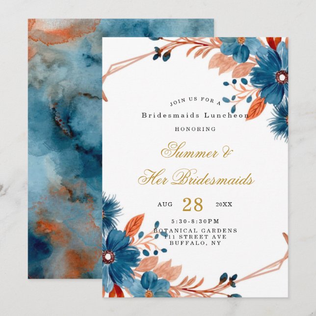 Terracotta Navy Blue Blommigt Bridesmaids Luncheon Inbjudningar (Fram/baksida)