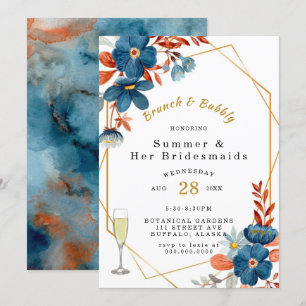Terracotta Navy Blue Blommigt Brunch och BubLY Inbjudningar