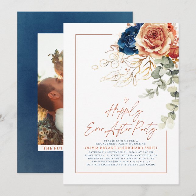 Terracotta & Navy Blue Blommigt Förlovningsfest Inbjudningar (Fram/baksida)