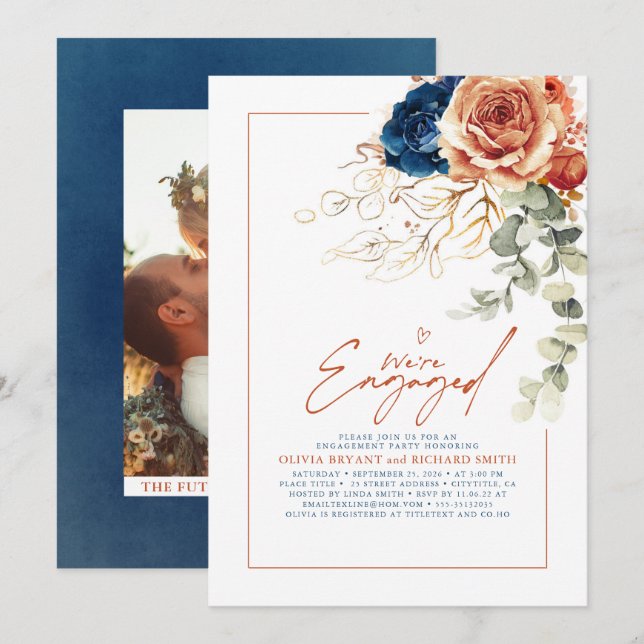Terracotta & Navy Blue Blommigt Förlovningsfest Inbjudningar (Fram/baksida)