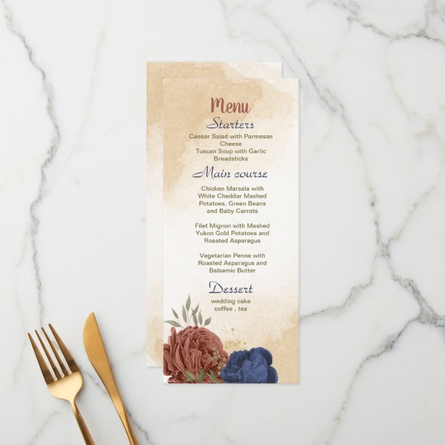 Terracotta navy blue blommigt greenery bröllop meny (Fram/Back In Situ)