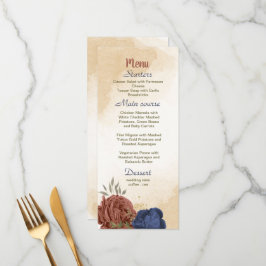 Terracotta navy blue blommigt greenery bröllop meny