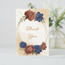 Terracotta navy blue blommigt greenery bröllop tack kort