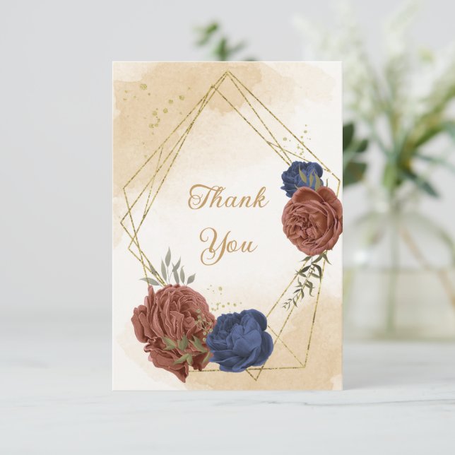 Terracotta navy blue blommigt greenery bröllop tack kort (Stående Fram)