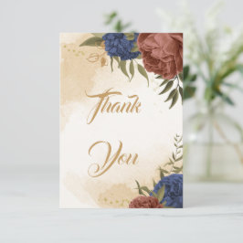 Terracotta navy blue blommigt greenery bröllop tack kort