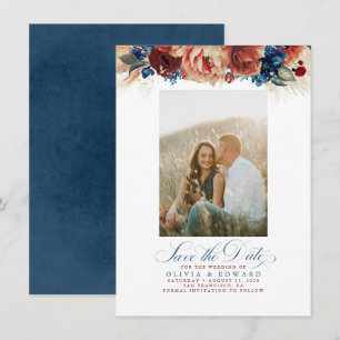 Terracotta Navy Blue Blommigt Spara datumfoto Datumet