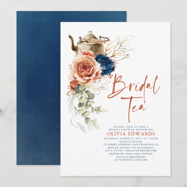 Terracotta Navy Blue Boho Möhippa Tea Party Inbjudningar (Fram/baksida)