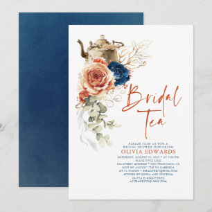 Terracotta Navy Blue Boho Möhippa Tea Party Inbjudningar