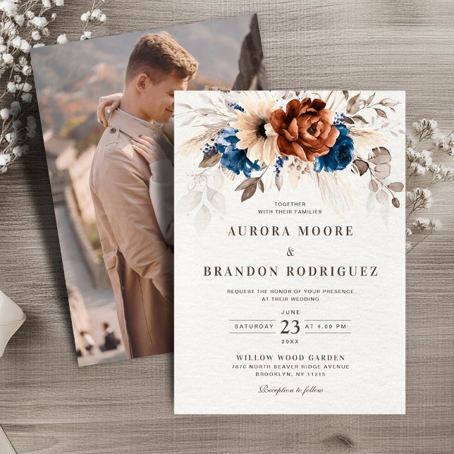 Terracotta Navy Blue Botanical Photo Bröllop Inbjudningar (Terracotta Navy Blue Botanical Photo Wedding Invitation)
