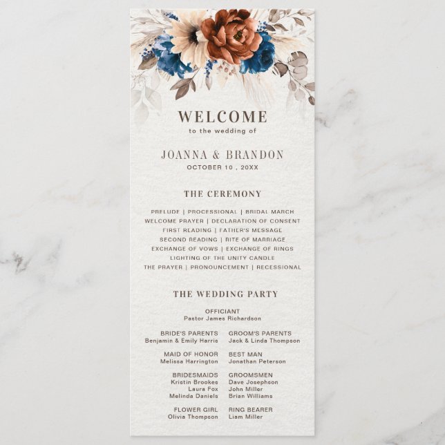 Terracotta Navy Blue Bröllop Menu with Program (Framsida)