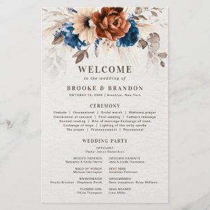 Terracotta Navy Blue Bröllopsprogram with Menu