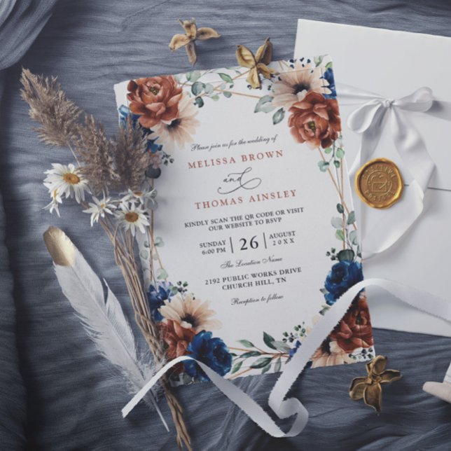 Terracotta Navy Blue Greenery Chic QR Code Wedding Inbjudningar (Skapare uppladdad)