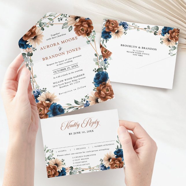 Terracotta Navy Blue Greenery Geometric Bröllop (Terracotta Navy Blue Greenery Geometric Wedding All In One Invitation)