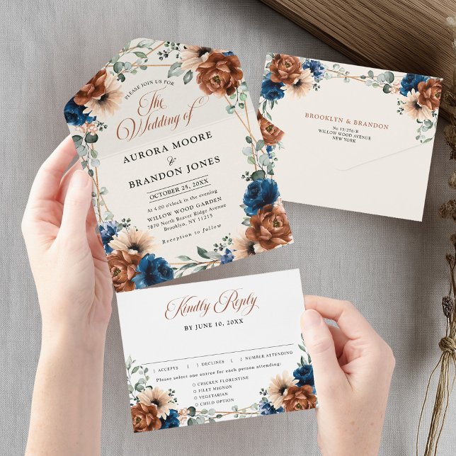 Terracotta Navy Blue Greenery Geometric Bröllop Al (Terracotta Navy Blue Greenery Geometric Wedding Al All In One Invitation)