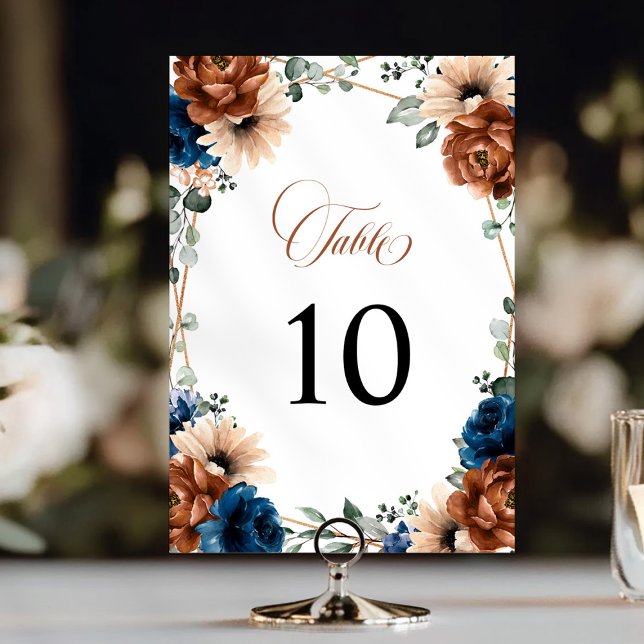 Terracotta Navy Blue Greenery Geometric Bröllop Bordsnummer (Terracotta Navy Blue Greenery Geometric Wedding Table Number)