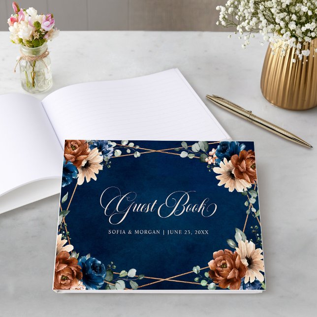 Terracotta Navy Blue Greenery Geometric Bröllop Gästböcker (Terracotta Navy Blue Greenery Geometric Wedding Guest Book)