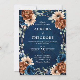 Terracotta Navy Blue Greenery Geometric Bröllop in Inbjudningar