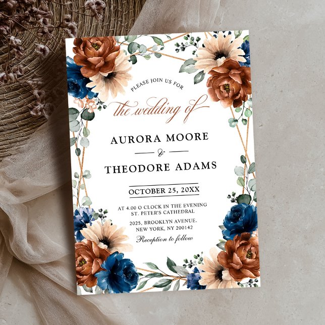 Terracotta Navy Blue Greenery Geometric Bröllop in Inbjudningar (Terracotta Navy Blue Greenery Geometric Wedding Invitation)
