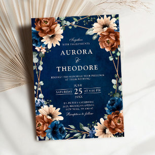Terracotta Navy Blue Greenery Geometric Bröllop in Inbjudningar