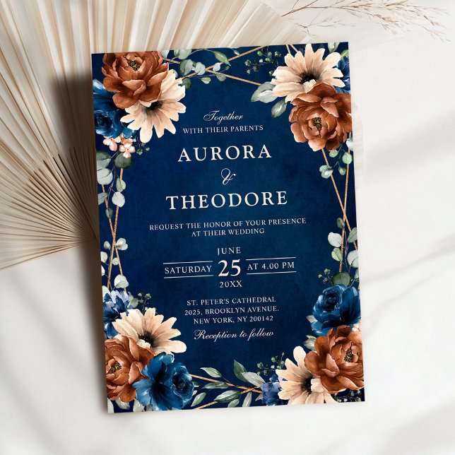 Terracotta Navy Blue Greenery Geometric Bröllop in Inbjudningar (Terracotta Navy Blue Greenery Geometric Wedding Invitation)