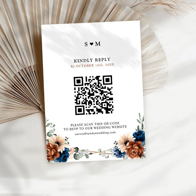 Terracotta Navy Blue Greenery Geometric Bröllop OSA Kort (Terracotta Navy Blue Greenery Geometric Wedding RSVP Card)