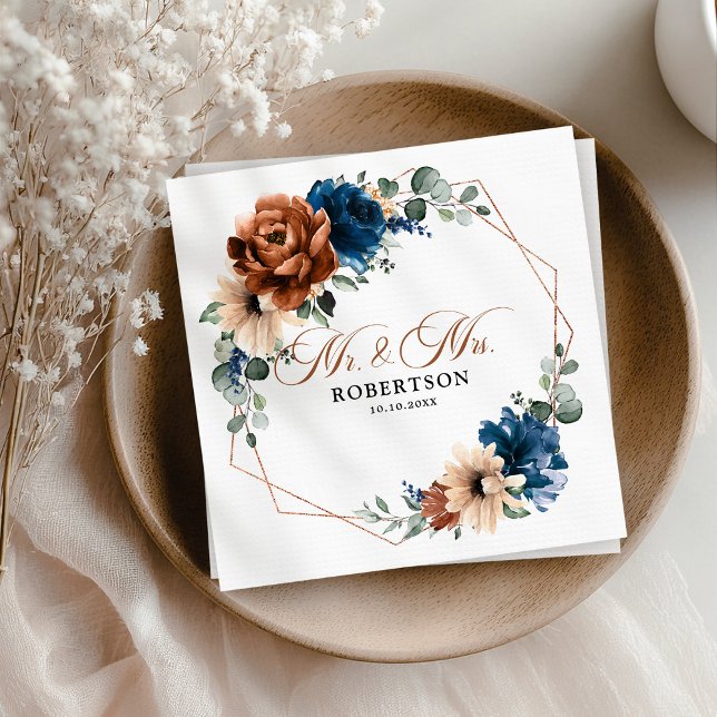 Terracotta Navy Blue Greenery Geometric Bröllop Pappersservett (Terracotta Navy Blue Greenery Geometric Wedding Mr. and Mrs.  Napkins)