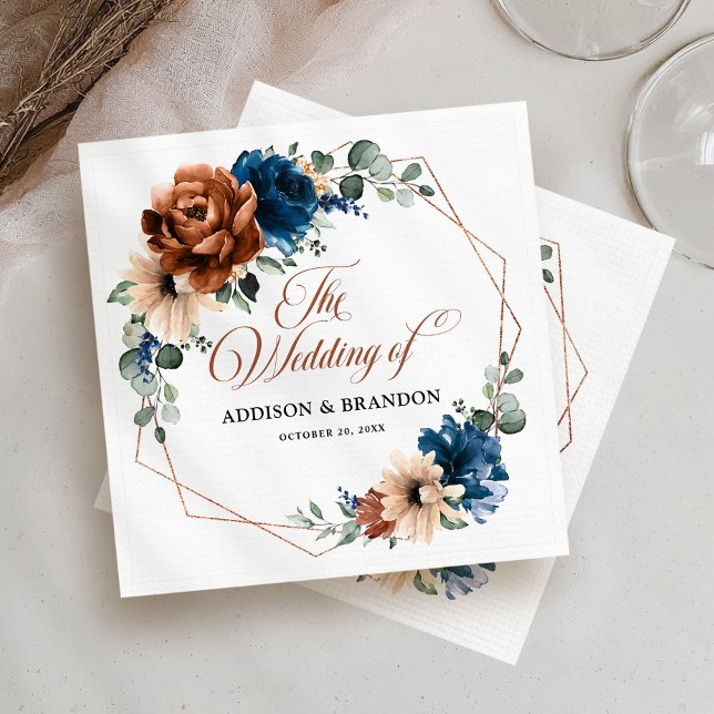 Terracotta Navy Blue Greenery Geometric Bröllop Pappersservett (Terracotta Navy Blue Greenery Geometric Wedding Napkins)