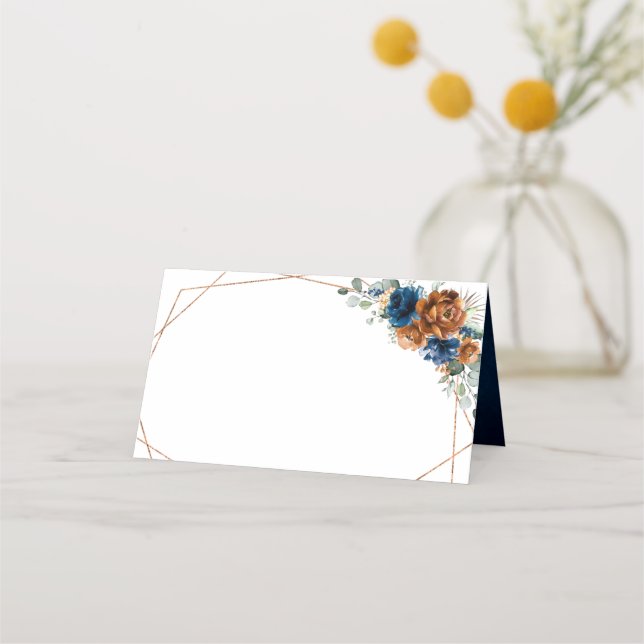 Terracotta Navy Blue Greenery Geometric Bröllop Pl Placeringskort (Framsida)