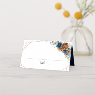 Terracotta Navy Blue Greenery Geometric Bröllop Placeringskort