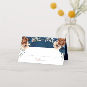 Terracotta Navy Blue Greenery Geometric Bröllop Placeringskort