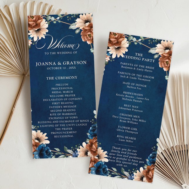Terracotta Navy Blue Greenery Geometric Bröllop Pr Program (Terracotta Navy Blue Greenery Geometric Wedding Program card)