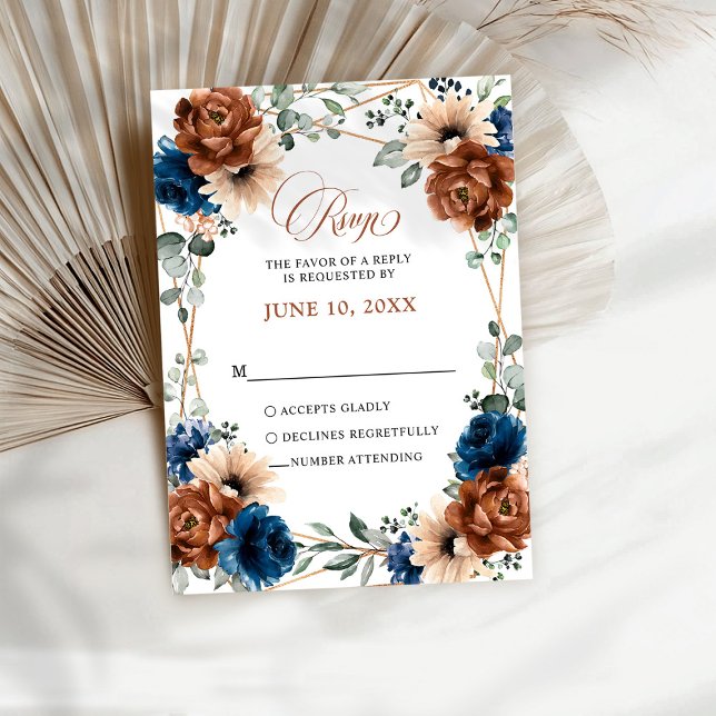 Terracotta Navy Blue Greenery Geometric Bröllop RS OSA Kort (Terracotta Navy Blue Greenery floral Geometric Wedding  RSVP Card)