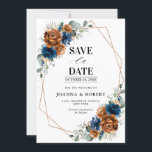 Terracotta Navy Blue Greenery Geometric Bröllop Sa Spara Datumet<br><div class="desc">Elegant Navy Blue,  Terracotta ,  Orange earthy blommigt Tema bröllop spara datum med elegant bouquet of Navy Blue,  Terracotta färg ro peonies and grönt eucalyptus lövs. Kontakta mig om du behöver hjälp med anpassning eller om du behöver någon annan produkt med den här designen.</div>