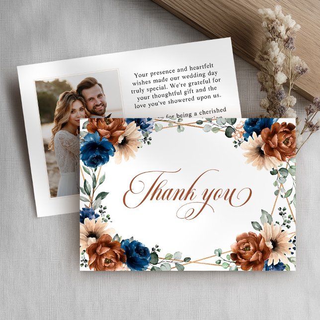 Terracotta Navy Blue Greenery Geometric Bröllop Tack Kort (Terracotta Navy Blue Greenery Geometric Wedding Thank You Card)