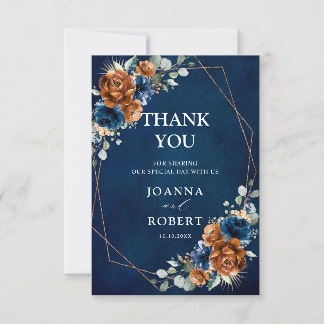 Terracotta Navy Blue Greenery Geometric Bröllop Th Tack Kort (Framsida)