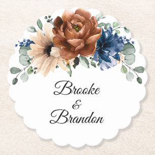 Terracotta Navy Blue Greenery Geometric Bröllop Underlägg Papper