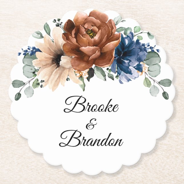 Terracotta Navy Blue Greenery Geometric Bröllop Underlägg Papper (Framsida)