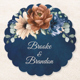 Terracotta Navy Blue Greenery Geometric Bröllop Underlägg Papper