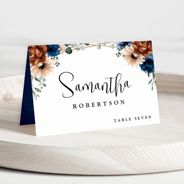 Terracotta Navy Blue Greenery Geometric Guest Namn Bordsnummer (Terracotta Navy blue floral geometric guest name wedding place card.)